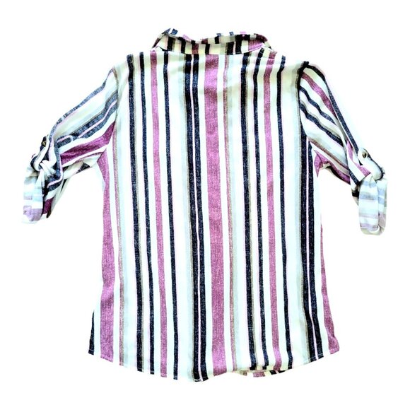 Womens M eden & Olivia purple striped 3/4 sleeve button tab button down top - Picture 5 of 9